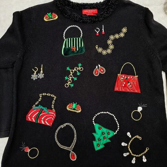 Merry & Bright Embellished Holiday Sweater Black XL Petite - Picture 4 of 7